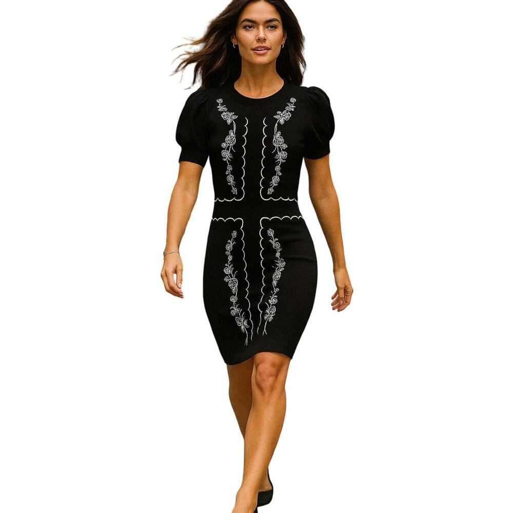 Black Floral Embroidered Knit Puff Sleeve Bodycon Mini Dress Size M NWT